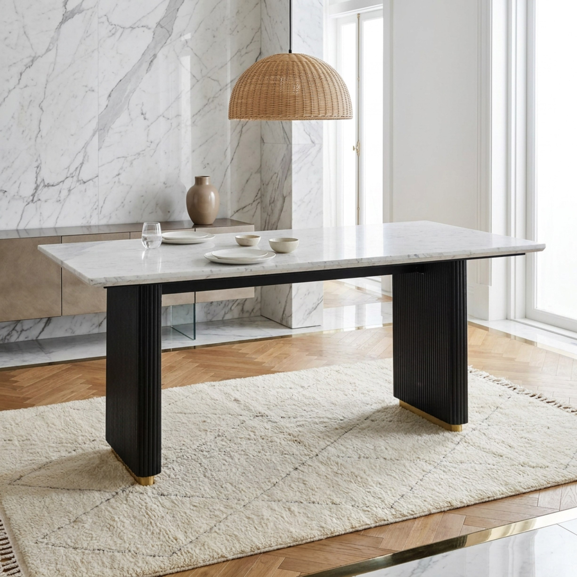 Cavon Fabio Genuine Marble Top 6-Seater Dining Table with Solid Wood Base