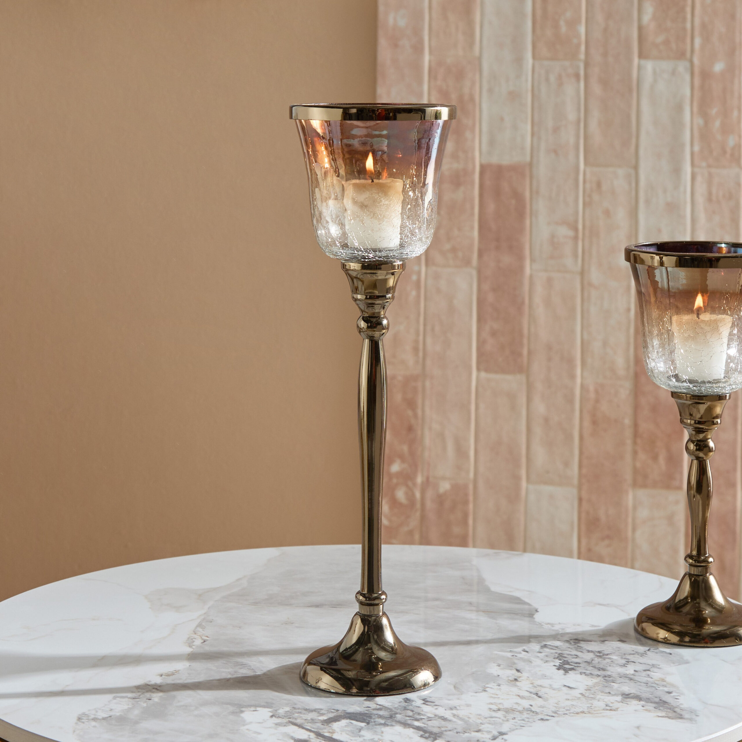 Jebha Half Crackle and Luster Glass Votive Holder on Steel Base with Steel Ring on Top - 12x12x38 cm