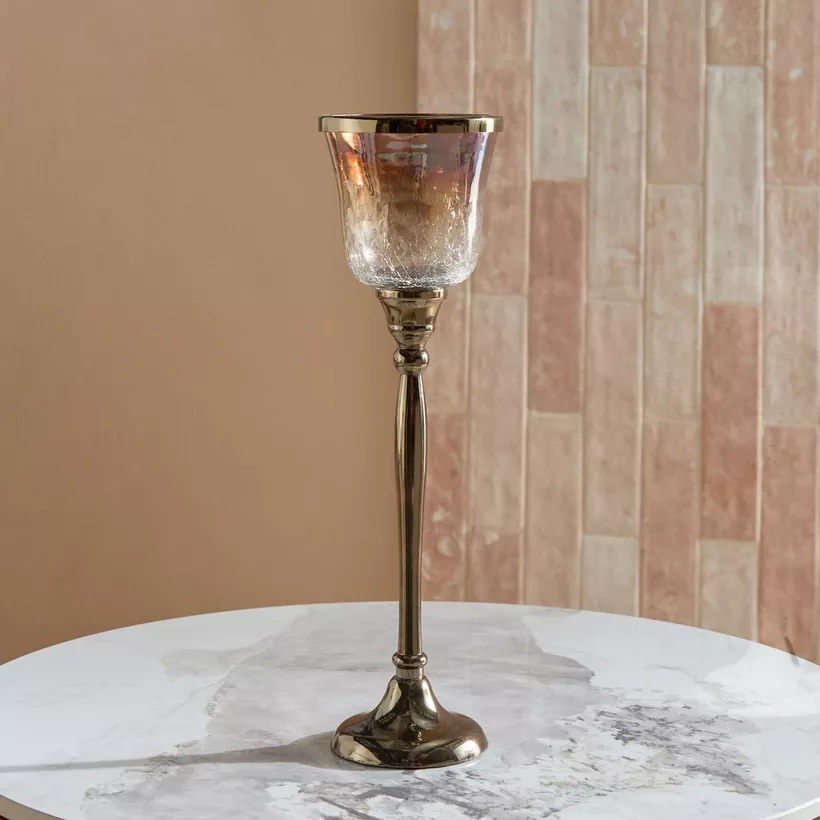 Jebha Half Crackle and Luster Glass Votive Holder on Steel Base with Steel Ring on Top - 12x12x38 cm - Image 3