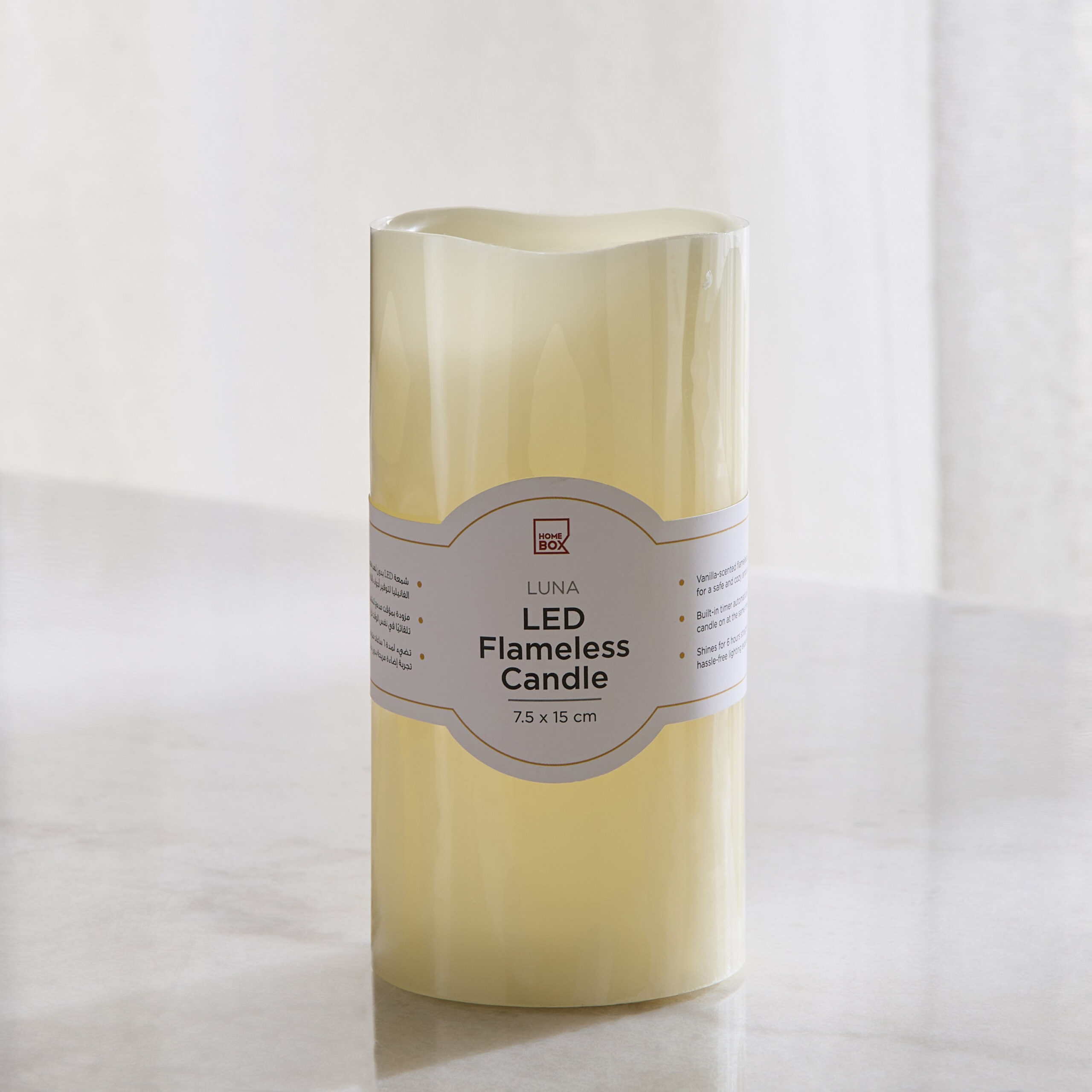 Luna LED Flameless Ivory Wax Candle with Vanilla Scent and Flickering - 7.5x15 cm