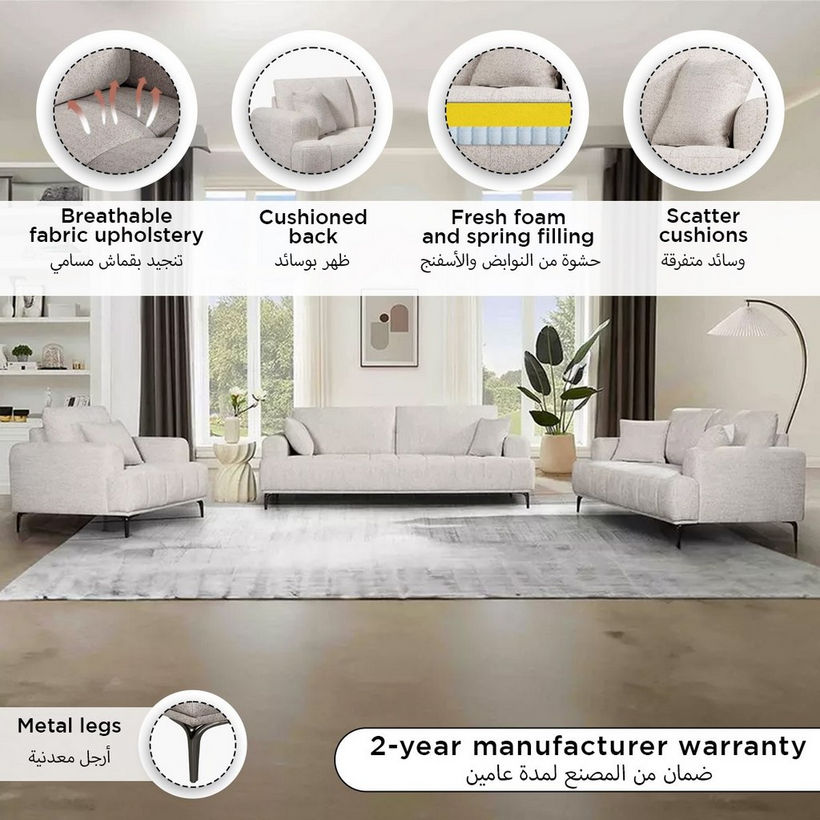 Porto 3-Seater Fabric Sofa with 2 Cushions - Image 5