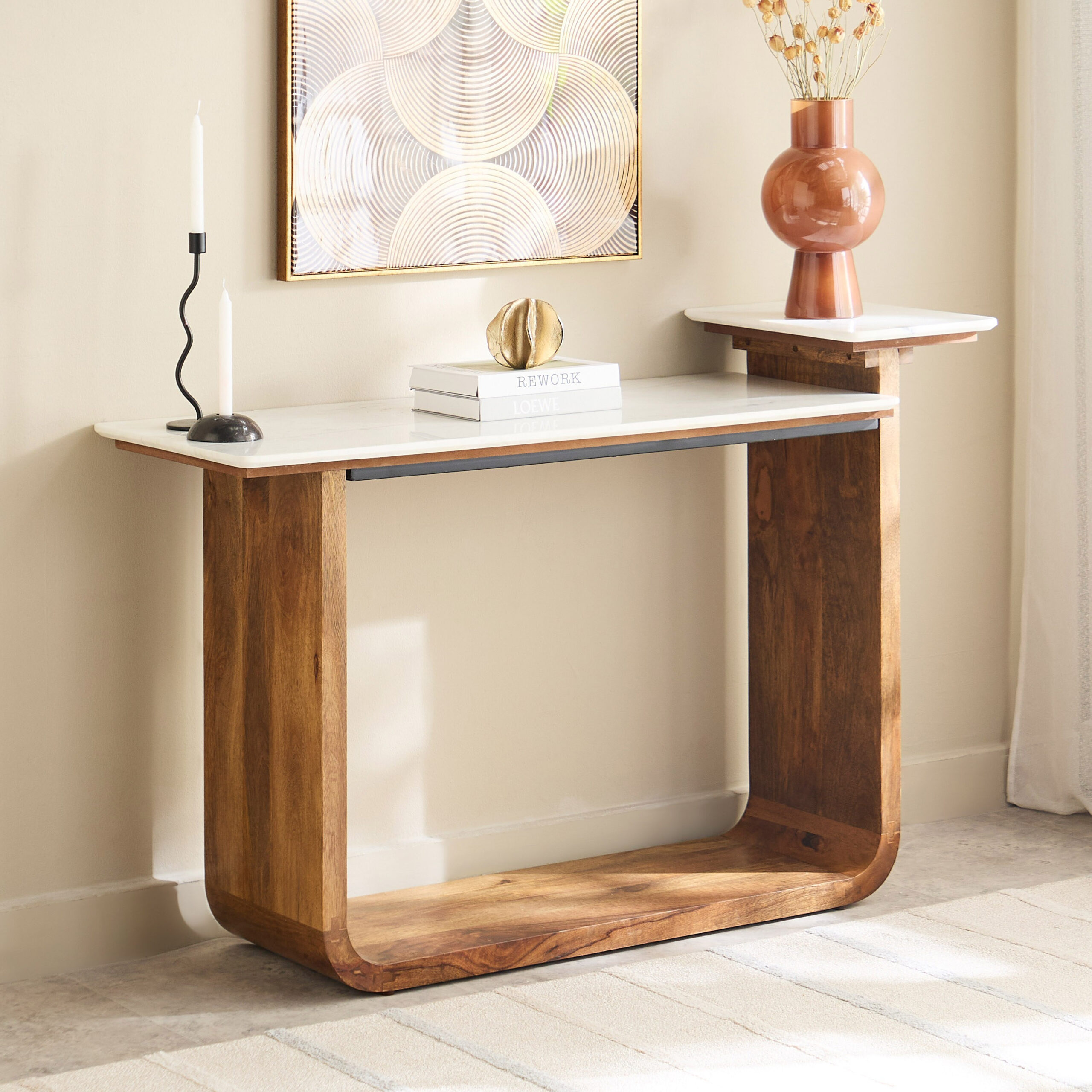Cavon Ashton Genuine Marble Top Console Table with Solid Wood Base