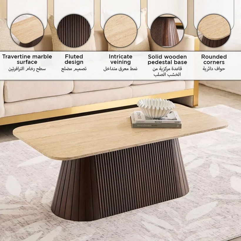 Cavon Ribella Genuine Travertine Top Coffee Table with Solid Wood Base - Image 8