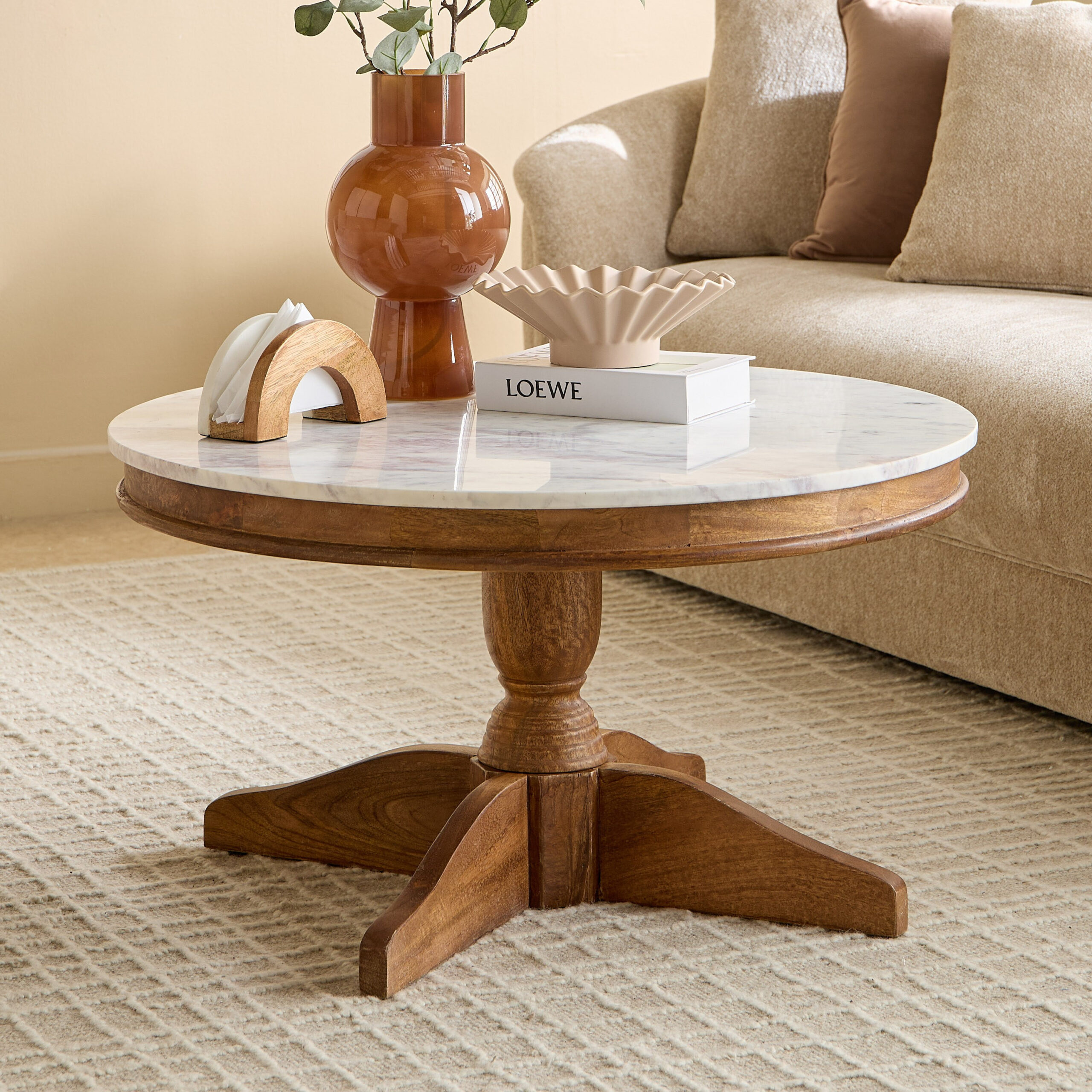 Degas Round Genuine Marble Top Coffee Table with Solid Wood Base