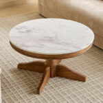 Degas Round Genuine Marble Top Coffee Table with Solid Wood Base