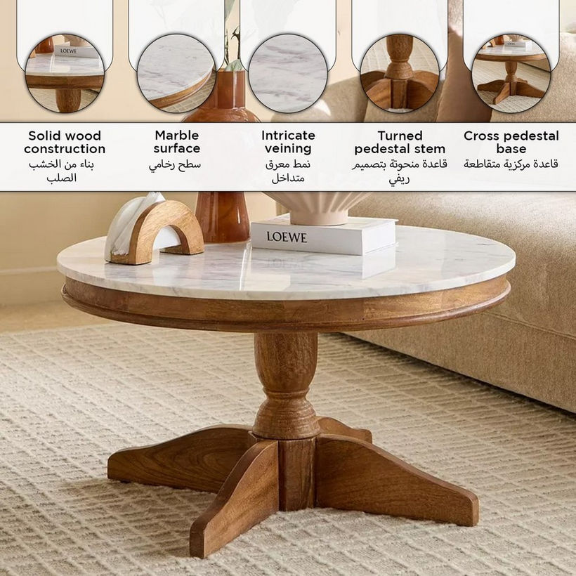Degas Round Genuine Marble Top Coffee Table with Solid Wood Base - Image 9