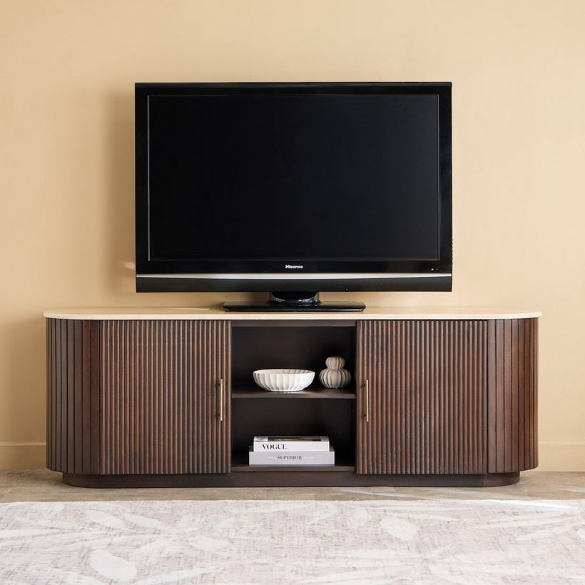 Cavon Ribella Solid Wood TV Unit with Genuine Travertine Top for TVs upto 70 inches - Image 3