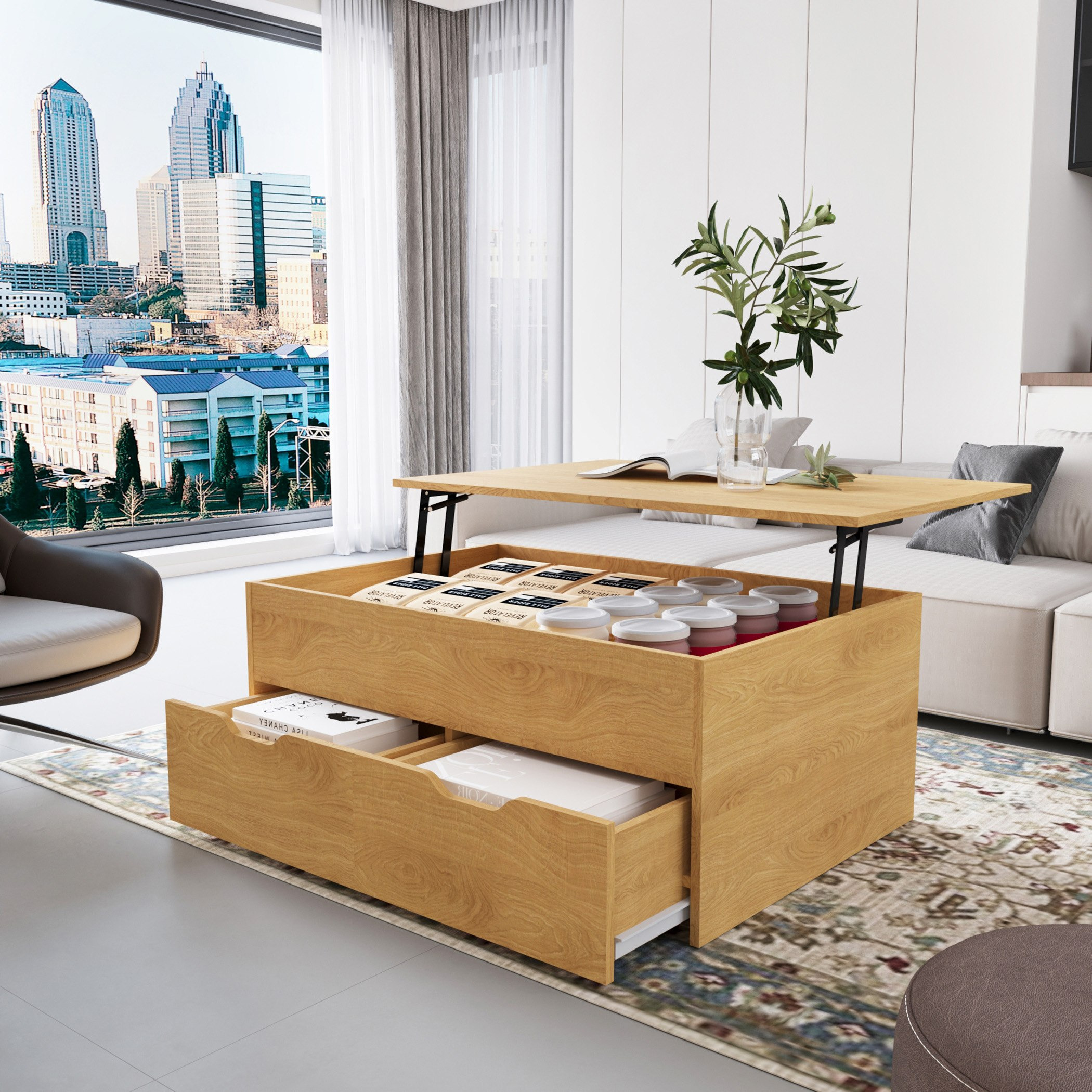 Movo Root Lift Top 2-Drawer Coffee Table with Shelf