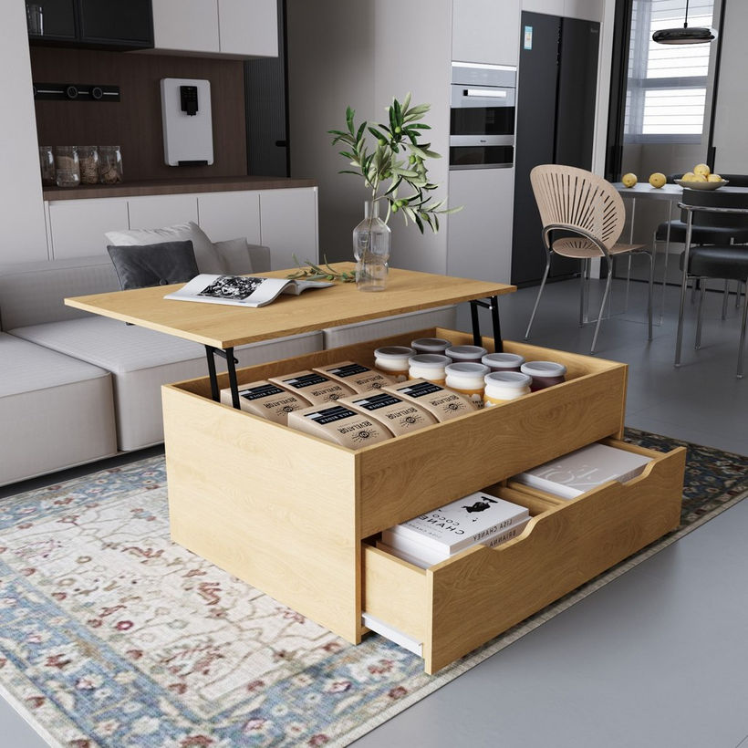 Movo Root Lift Top 2-Drawer Coffee Table with Shelf - Image 2