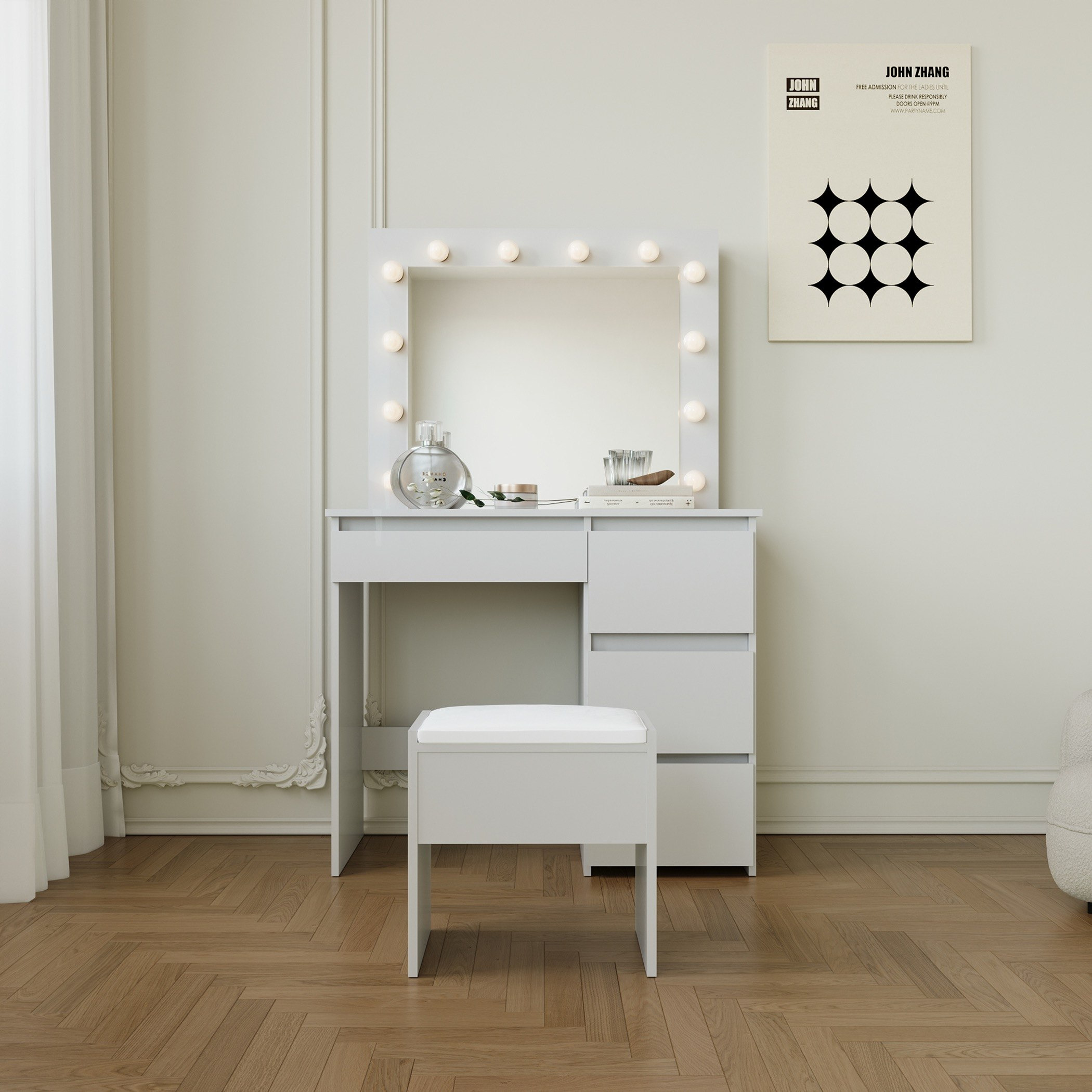 Lorea Light Dressing Vanity Table with Mirror and Stool