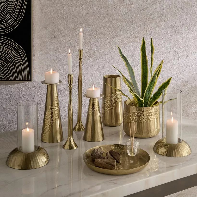 Melrose Litt Aluminium Textured Pillar Candleholder - 12x12x24 cm - Image 5