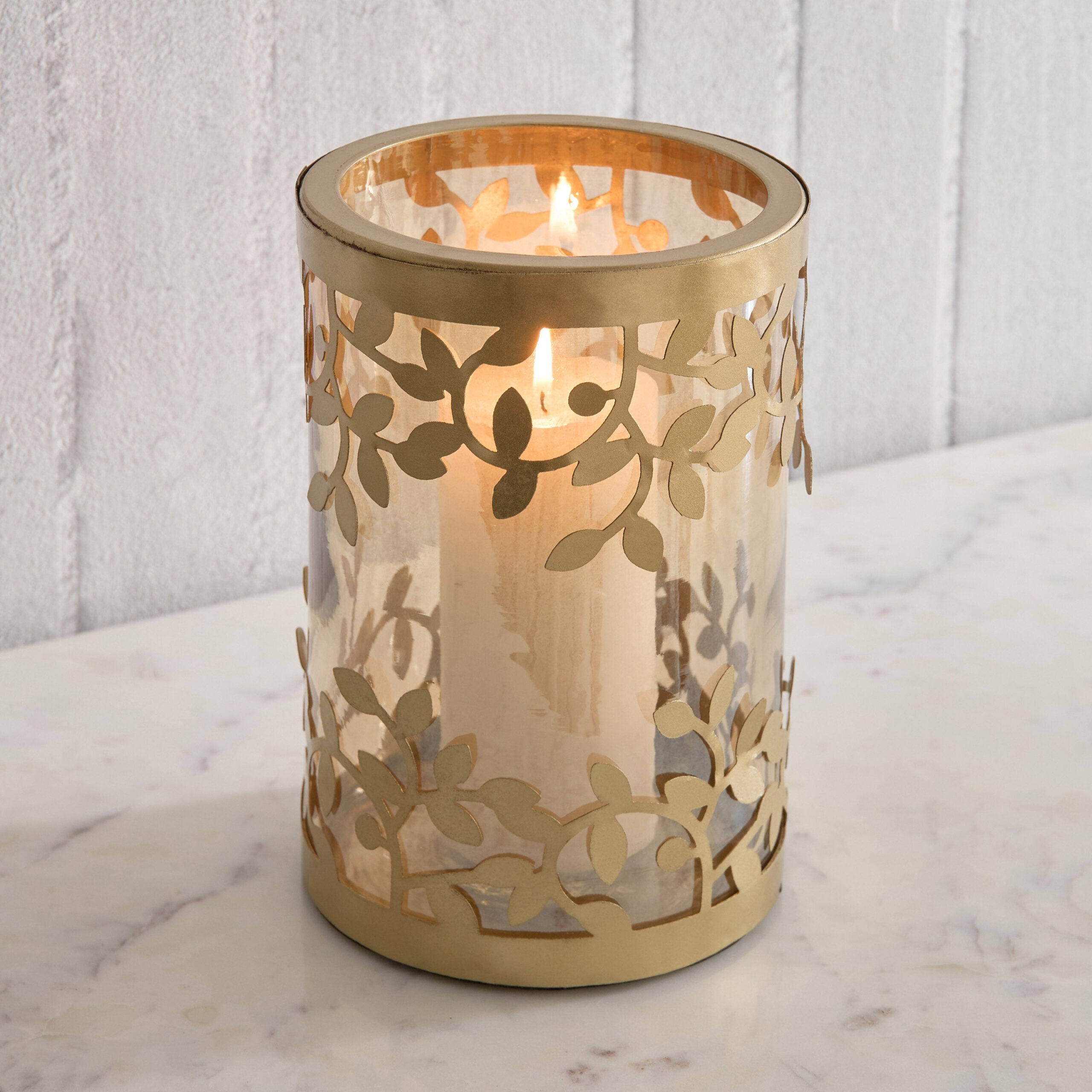 Embrace Metal Leaf Hurricane Candleholder with Glass - 13.5x13.5x19 cm
