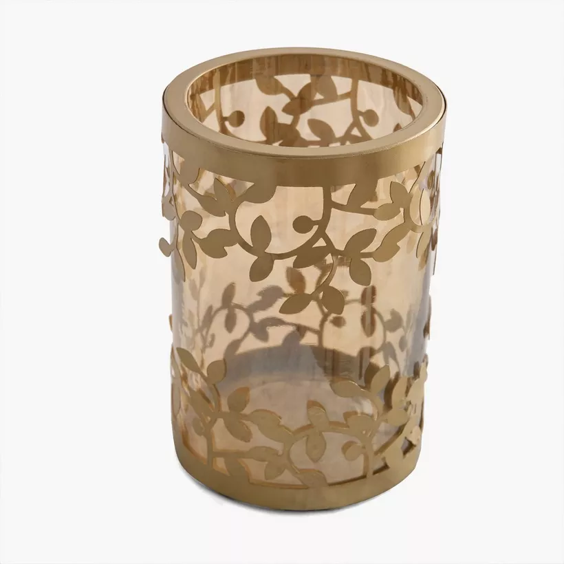 Embrace Metal Leaf Hurricane Candleholder with Glass - 13.5x13.5x19 cm - Image 2