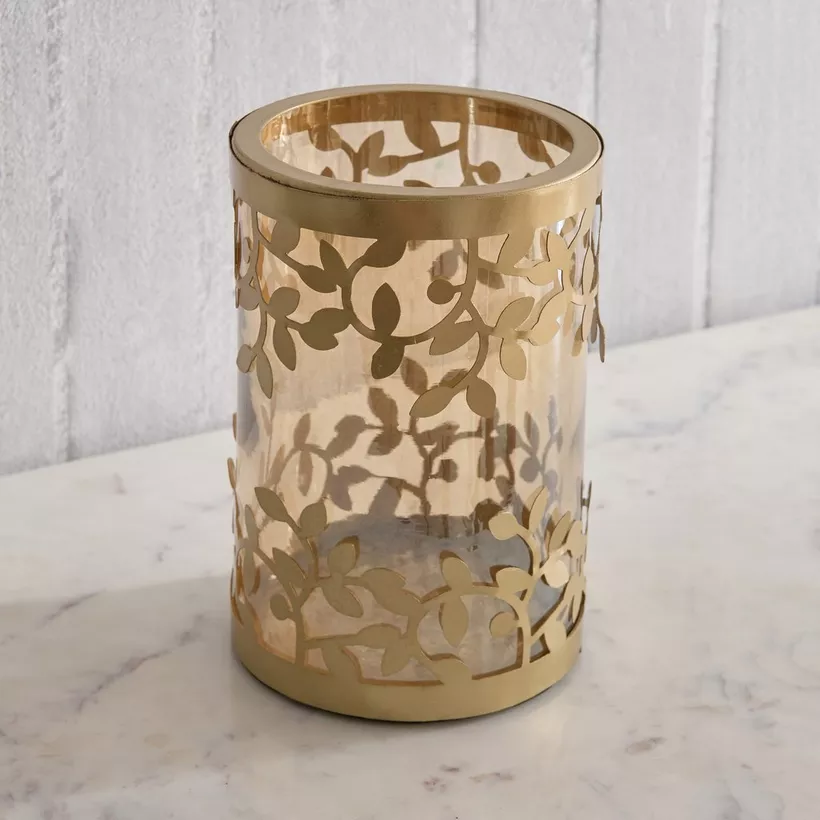Embrace Metal Leaf Hurricane Candleholder with Glass - 13.5x13.5x19 cm - Image 3
