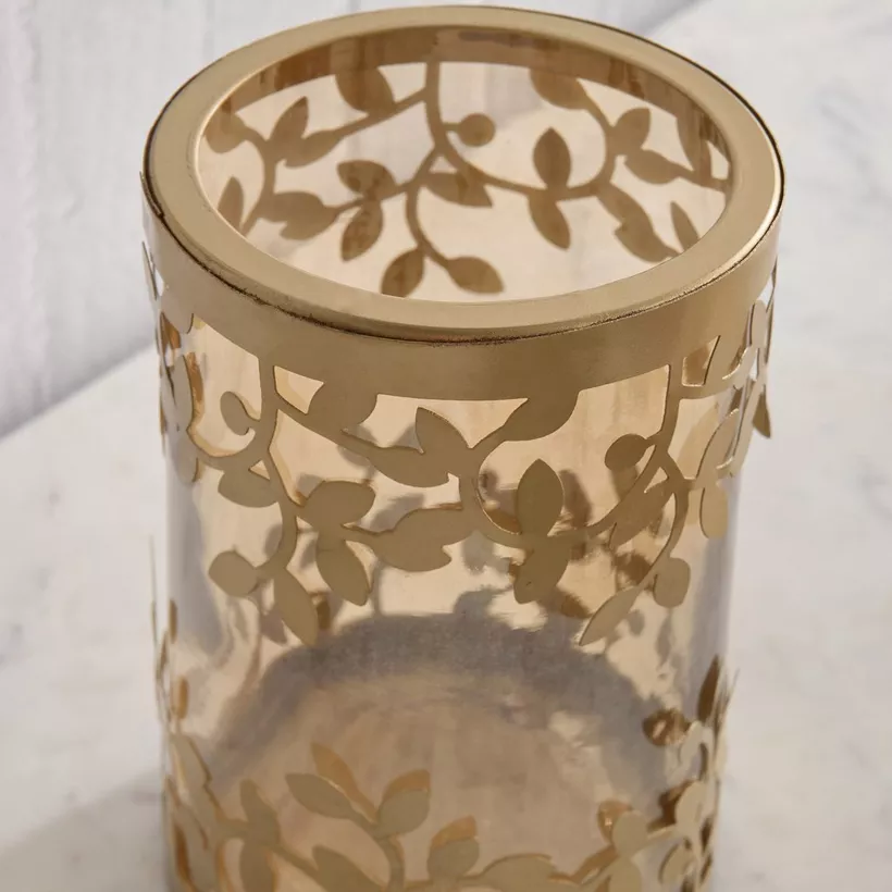 Embrace Metal Leaf Hurricane Candleholder with Glass - 13.5x13.5x19 cm - Image 4