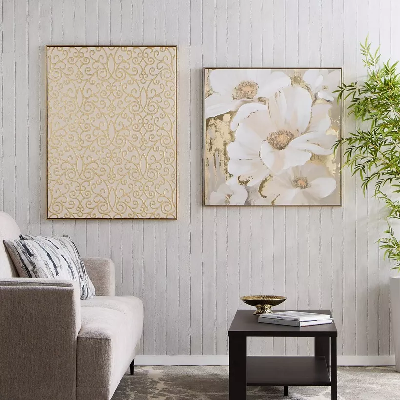 Orson 80% Hand Painted Gold Foil Floral Framed Canvas Wall Art - 80x3x80 cm - Image 5