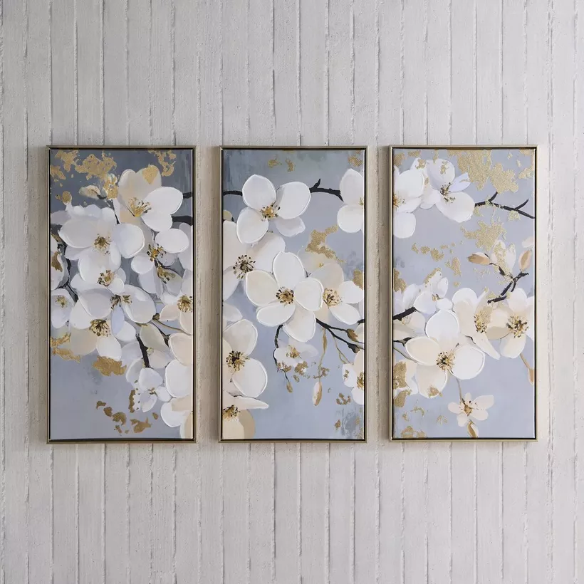 Orson 3-Piece Framed 80% Hand-Painted Floral Canvas Wall Art Set - 40x3x80 cm - Image 3