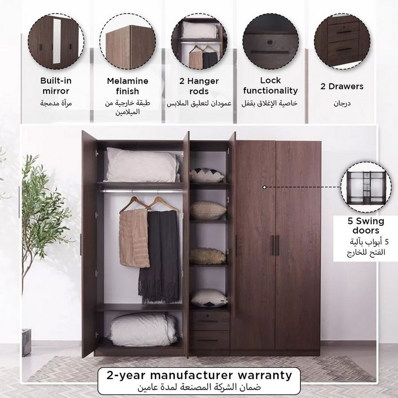 Movo Hotelya 5 Door Wardrobe with 2 Drawers Locks and Mirrors - Image 2