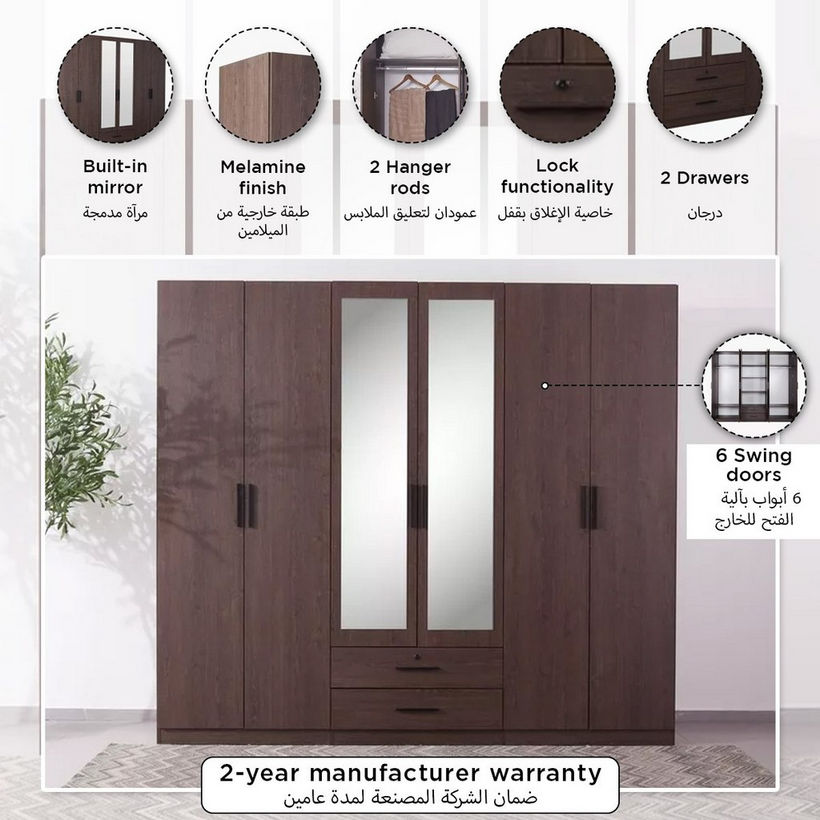 Movo Hotelya 6 Door Wardrobe with 2 Drawers Locks and Mirrors - Image 2