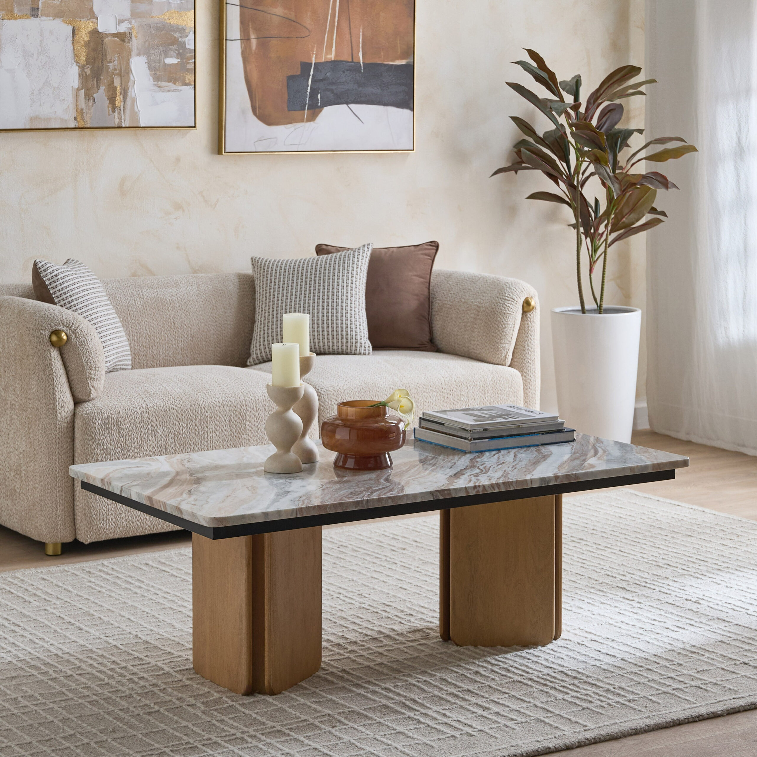 Cavon Bellmar Genuine Marble Top Coffee Table with Solid Wood Base