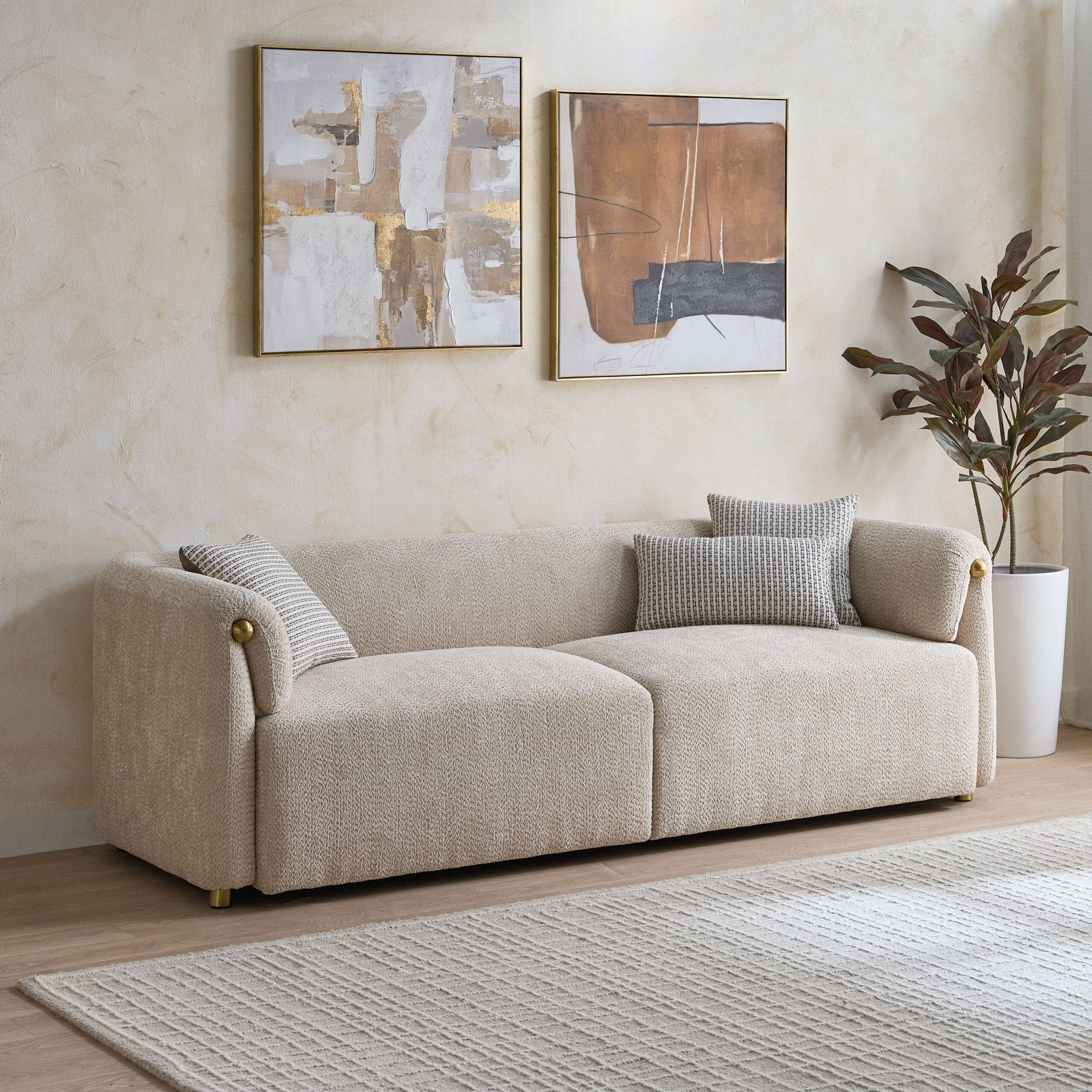Scallop 3-Seater Fabric Sofa with 3 Cushions