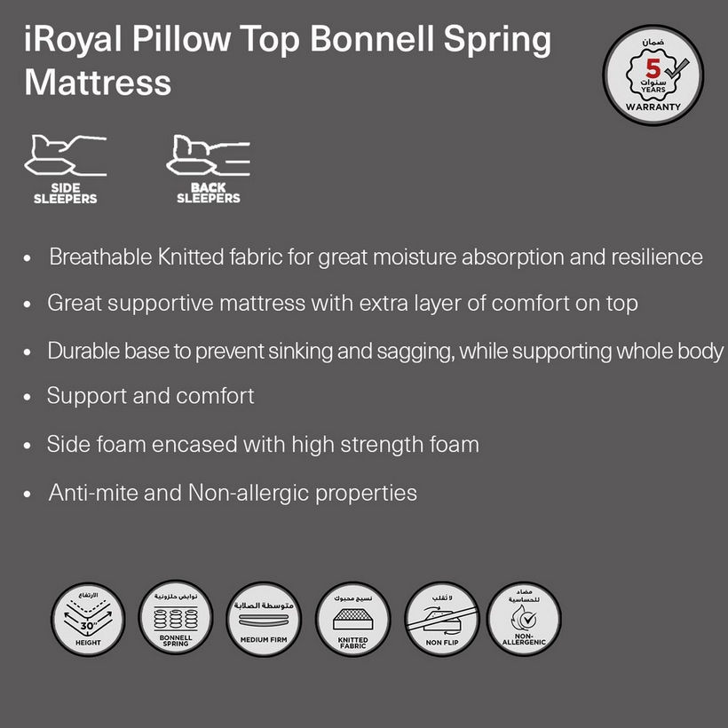 SleepNest iRoyal Pillow Top Medium Firm Bonnell Spring Queen Mattress - 160x200x30 cm - Image 9