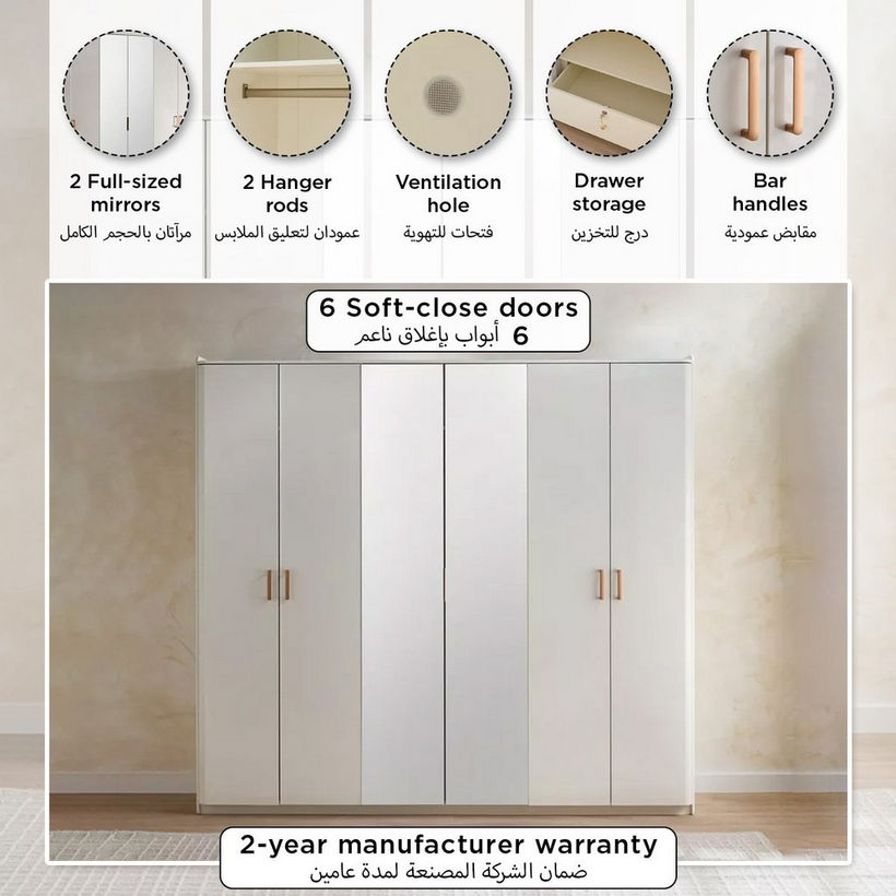 Umbria 6-Door Wardrobe with Drawer and High Gloss Mirror - Image 2