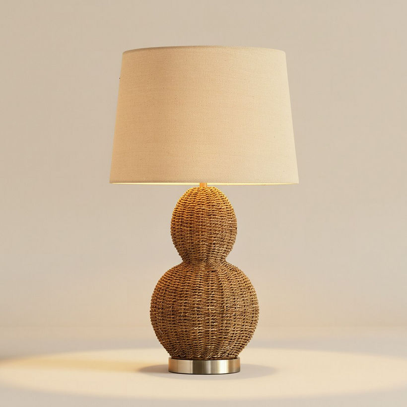 Naturel Grass Rope Table Lamp with Linen Shade - 36x62 cm - Image 3
