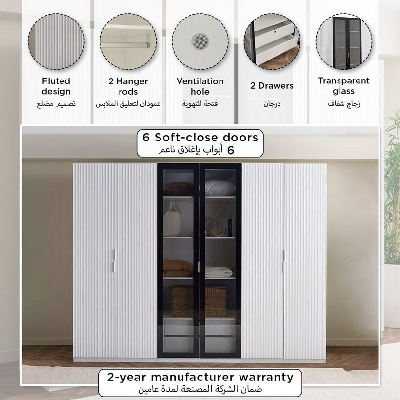 Arctic Smart 6-Door Wardrobe with Transparent Glass and 2 Drawers - Image 2