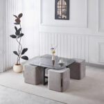 Movo-Catalina Glass Top Coffee Table with 4 Stools