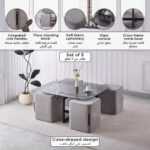 Movo-Catalina Glass Top Coffee Table with 4 Stools