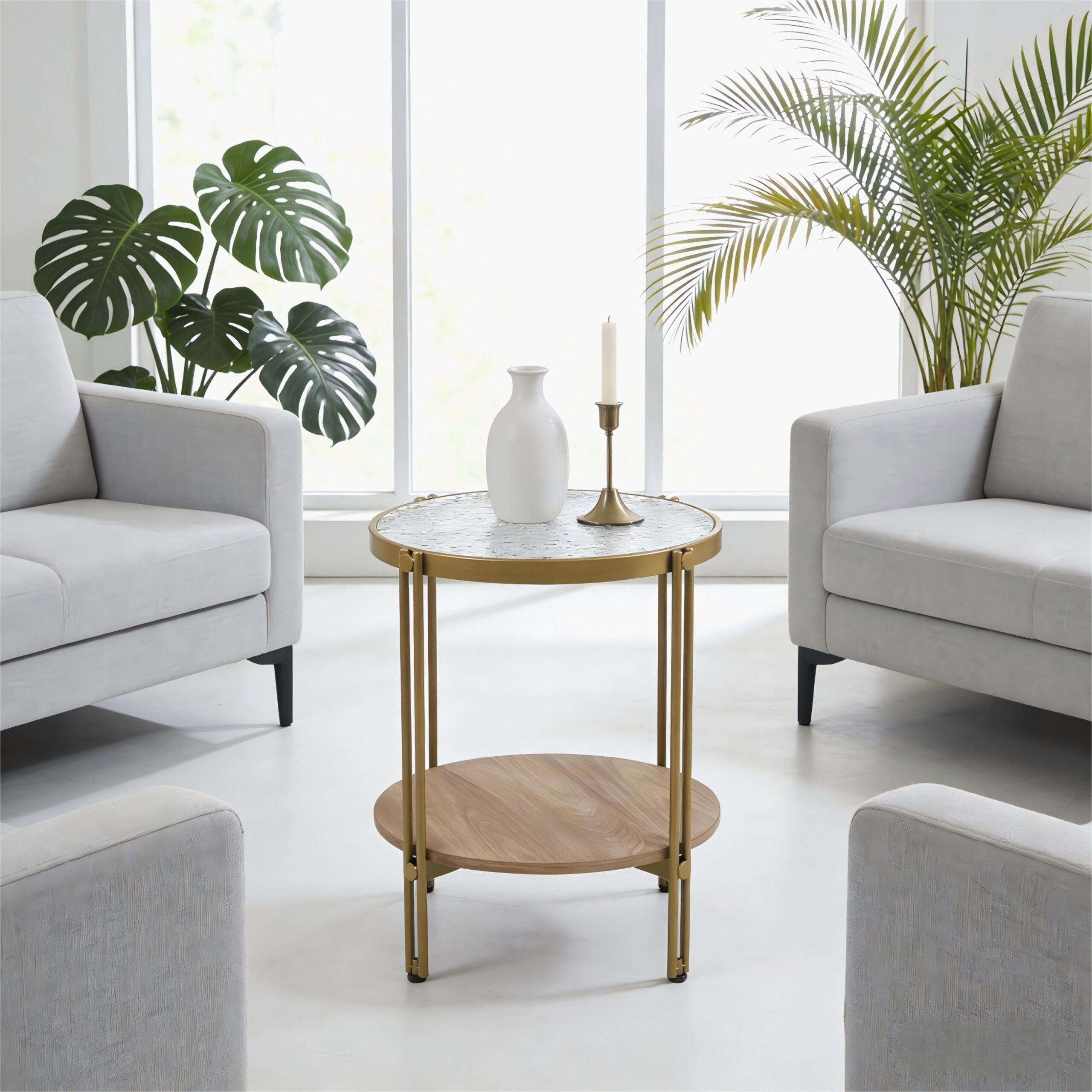 Leroy Round Glass Top End Table with Shelf
