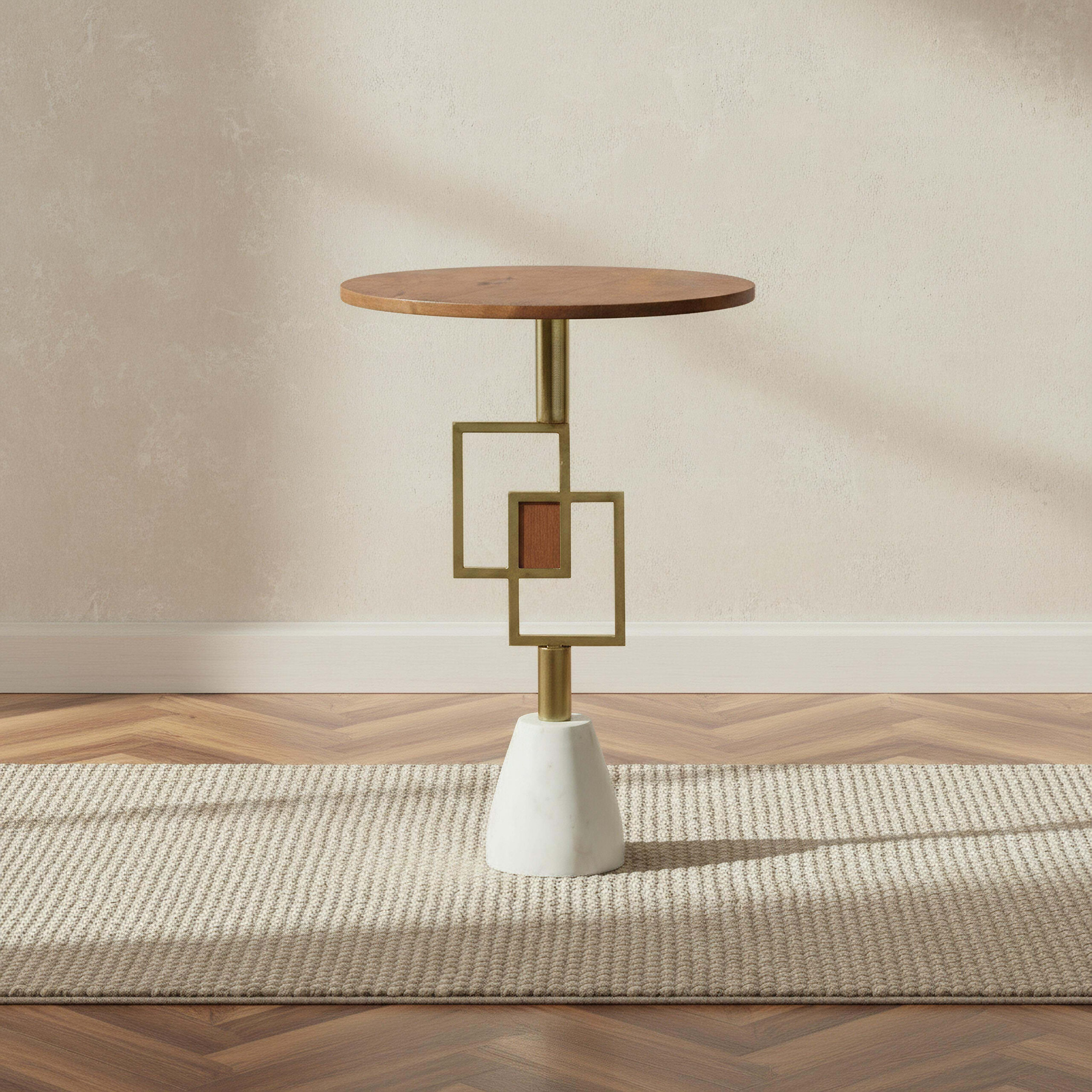 Cavon Otto Genuine Marble Base Accent Table with Solid Wood Top