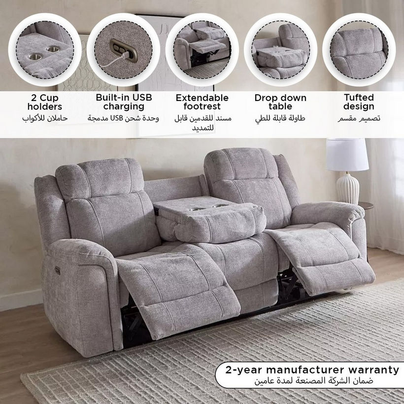 Nova 3-Seater Fabric Electric Recliner with Dropdown and 2 Cup Holders - Image 2