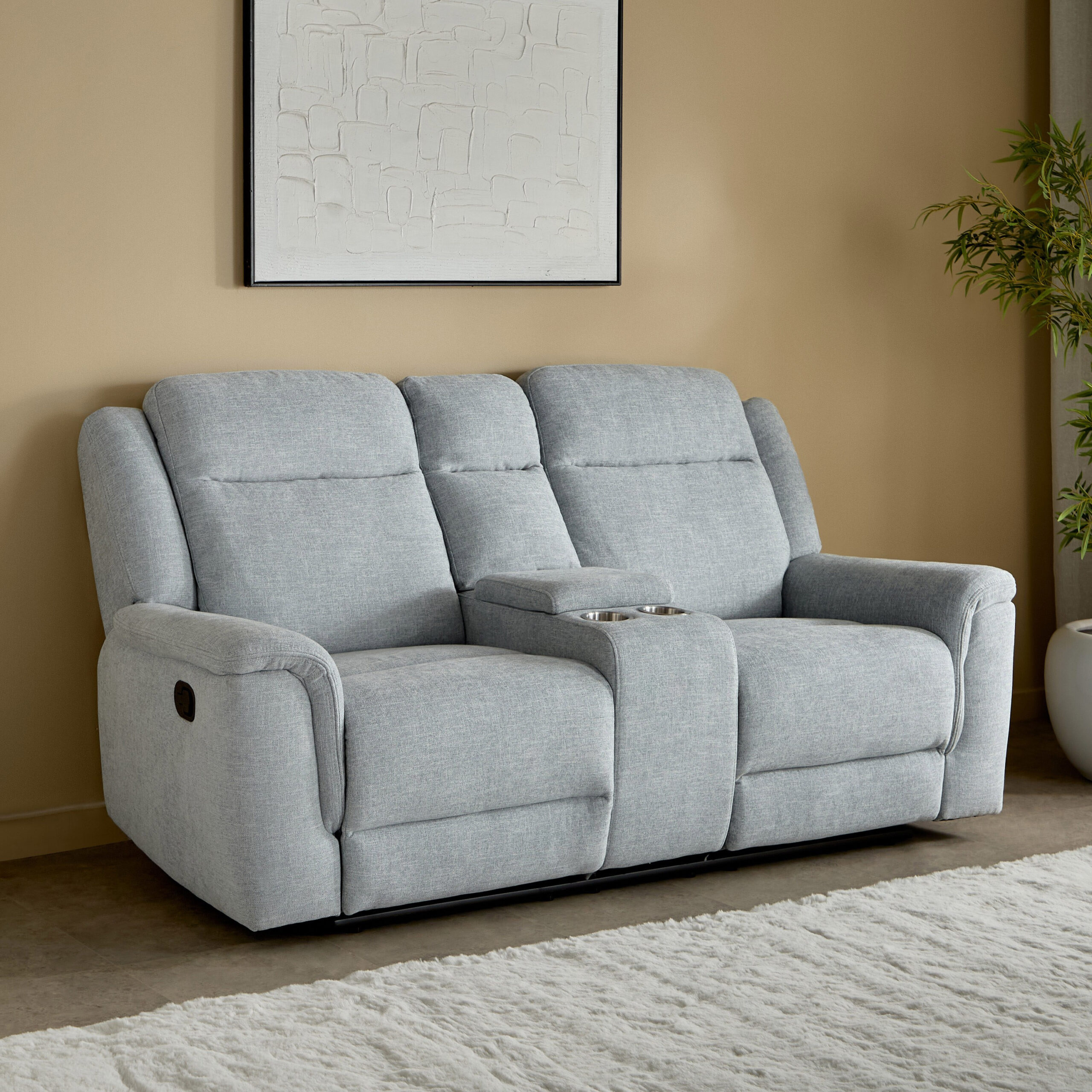 Brunswick 2-Seater Storage Console Fabric Recliner with 2 Cup Holders