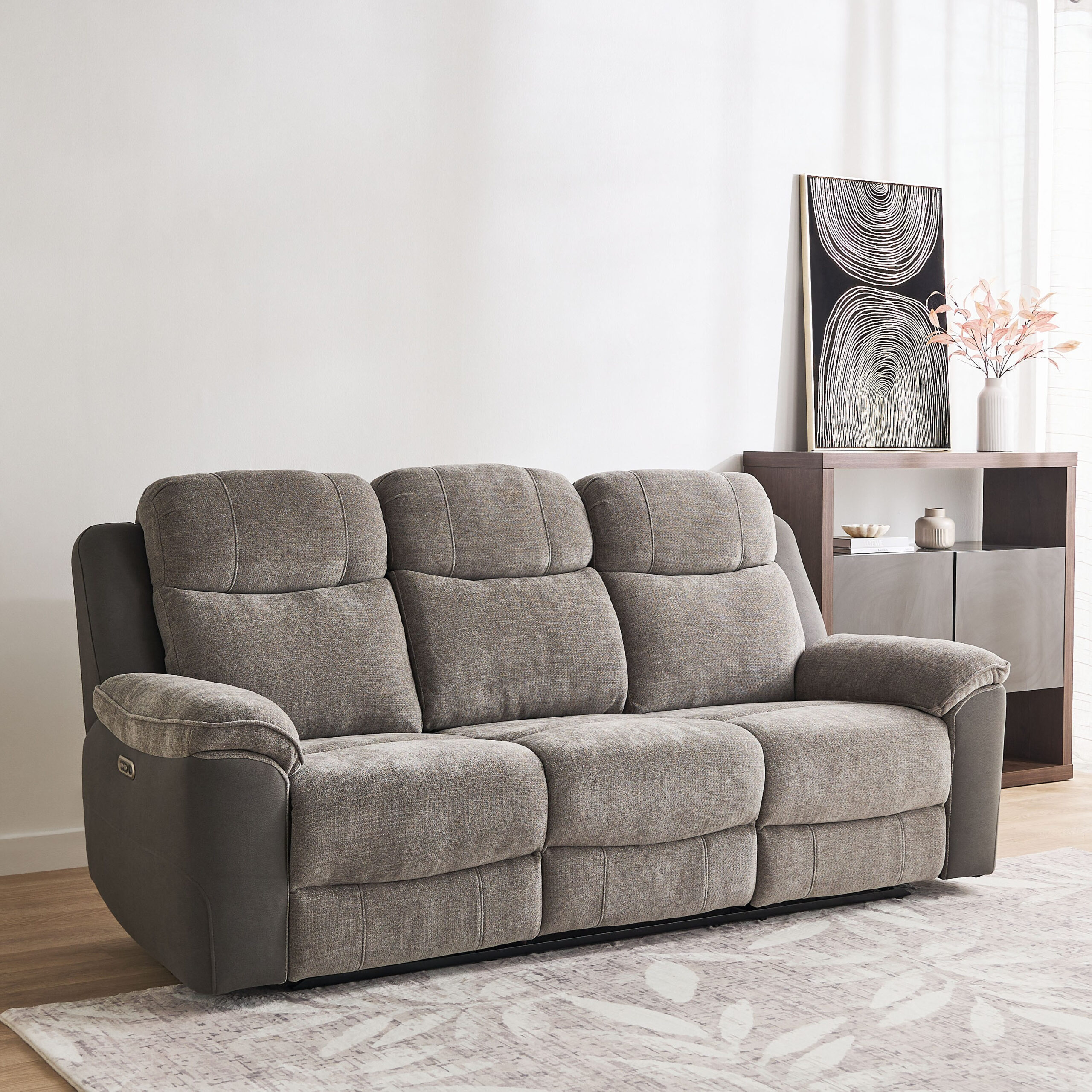 Kingston 3-Seater Electric Power Fabric Recliner with Dropdown and 2 Cup holders