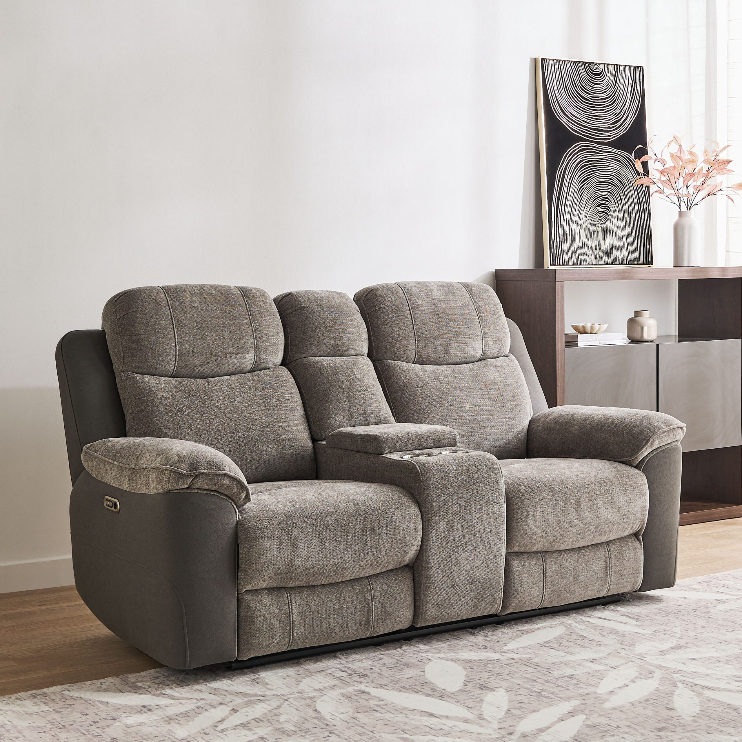 Kingston 2-Seater Storage Console Power Fabric Recliner with 2 Cup Holders and USB C Type Charging