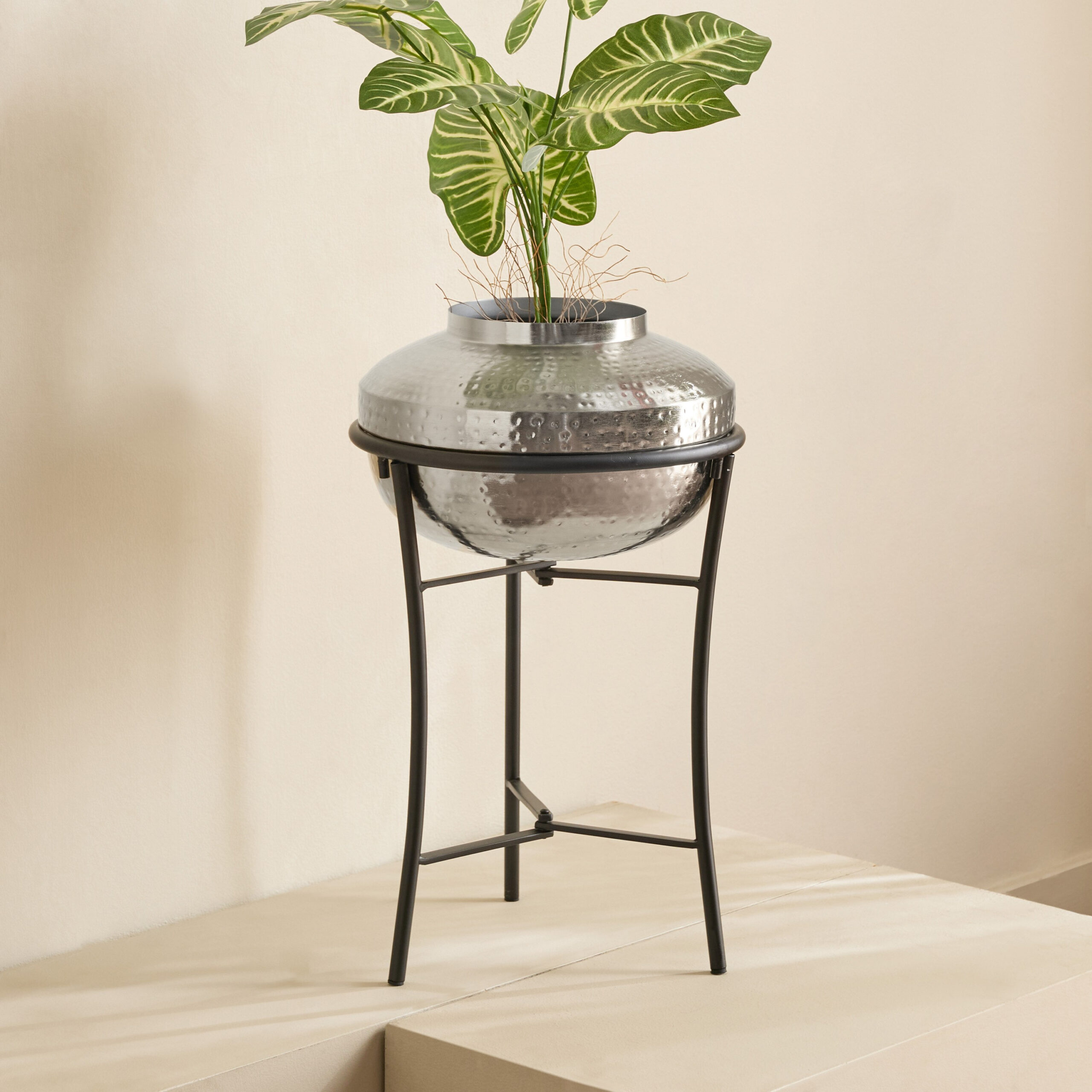 Monochrome Avya Metal Hammered Planter with Stand - 30.5x30.5x51 cm