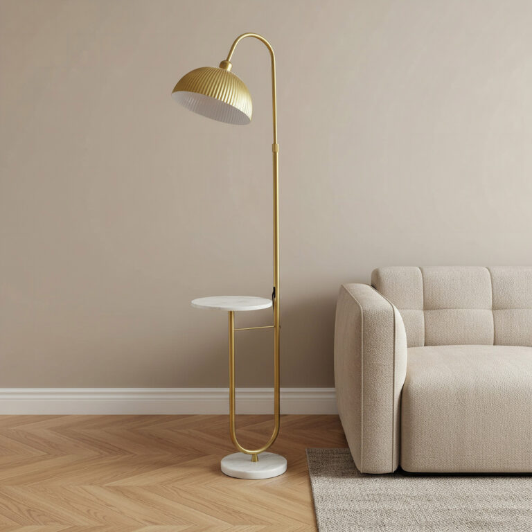 Bremer Metal Floor Lamp with Marble Top Side Table - 35x165 cm
