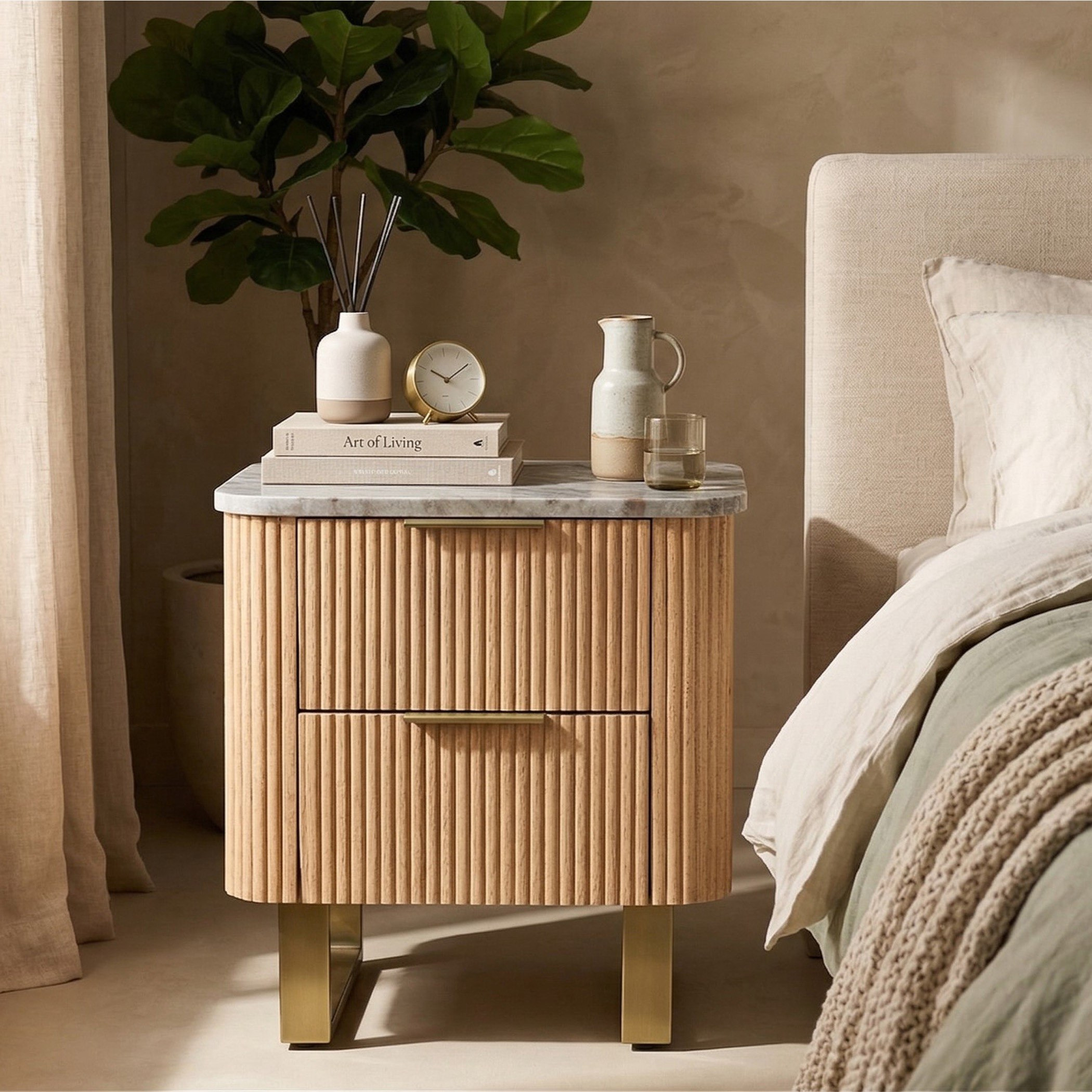 Cavon Fabio 2-Drawer Solid Wood Nightstand with Genuine Marble Top