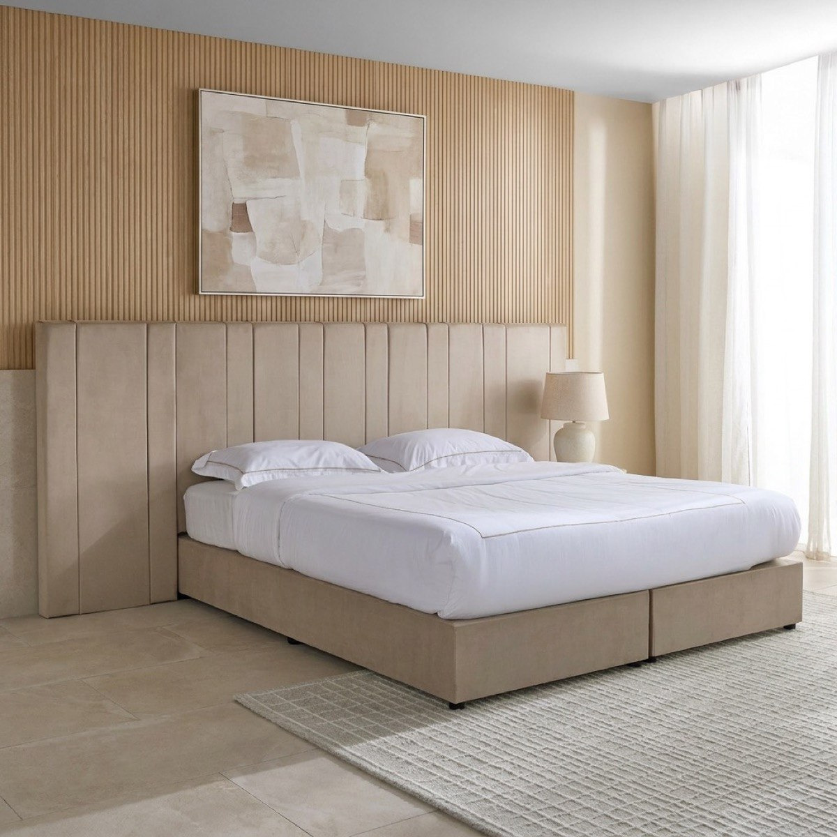 Angelic Linear Velvet Extended Headboard Upholstered King Bed- 180x200 cm