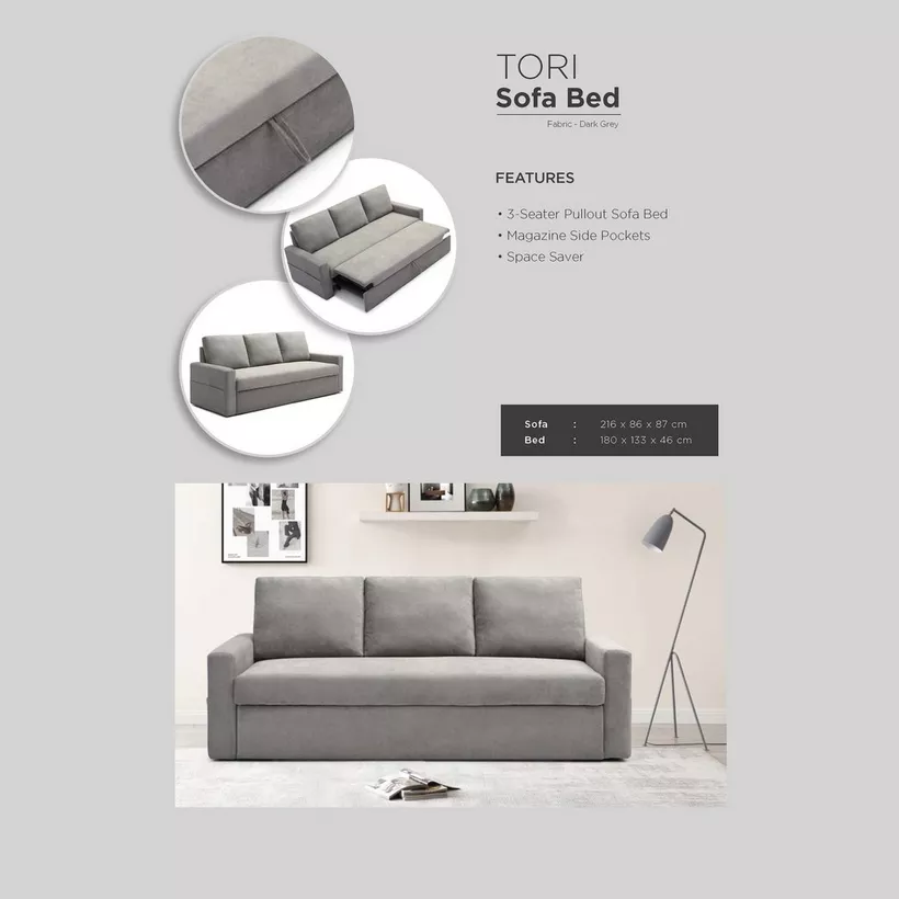 Tori NXT 3-Seater Fabric Pull Out Sofabed with Side Pockets - Image 8