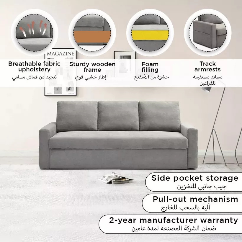 Tori NXT 3-Seater Fabric Pull Out Sofabed with Side Pockets - Image 9