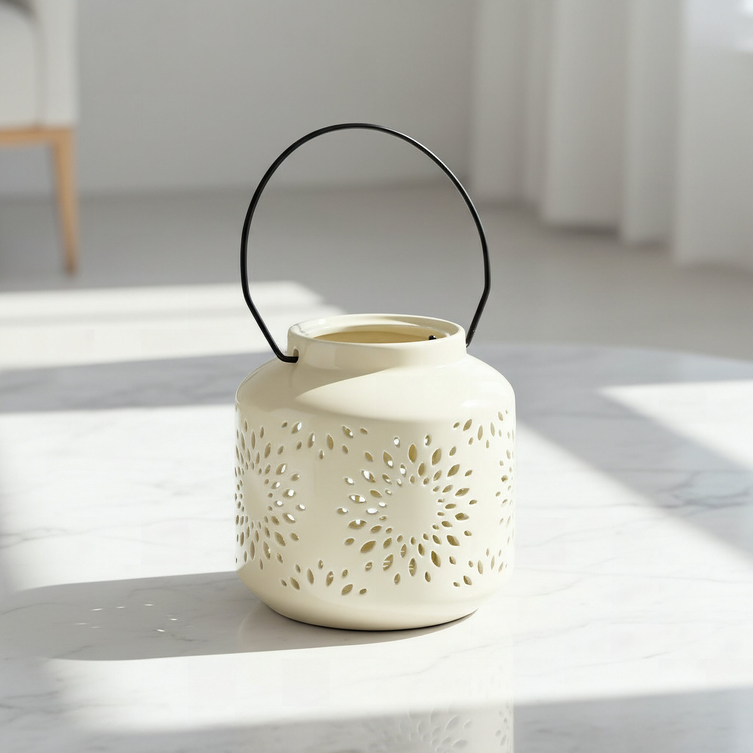 Opaline Mikasa Decorative Ceramic Lantern with Metal Handle - 12.8x12.8x13 cm