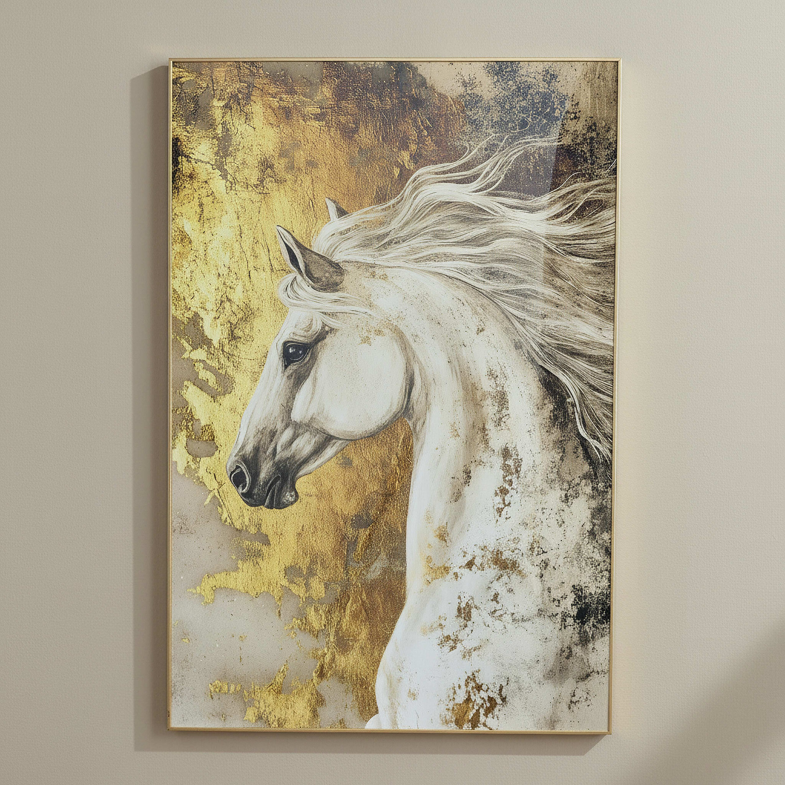 Cyprus Elara White Horse Glossy Framed Picture - 60x90x2.5 cm