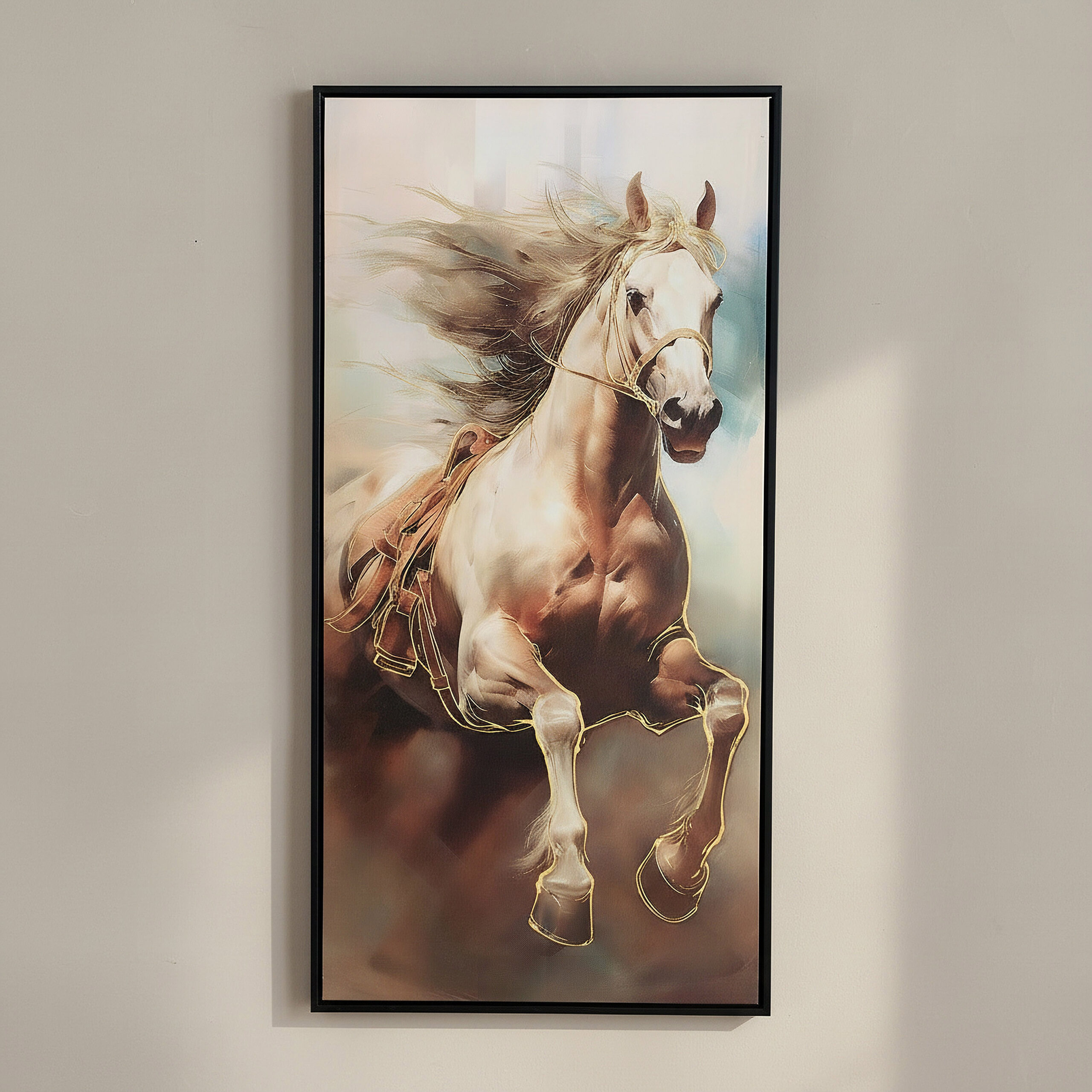 Cyprus Elara Running Horse Framed Canvas with 3D Effect Gold Foil - 40x80x2.8 cm