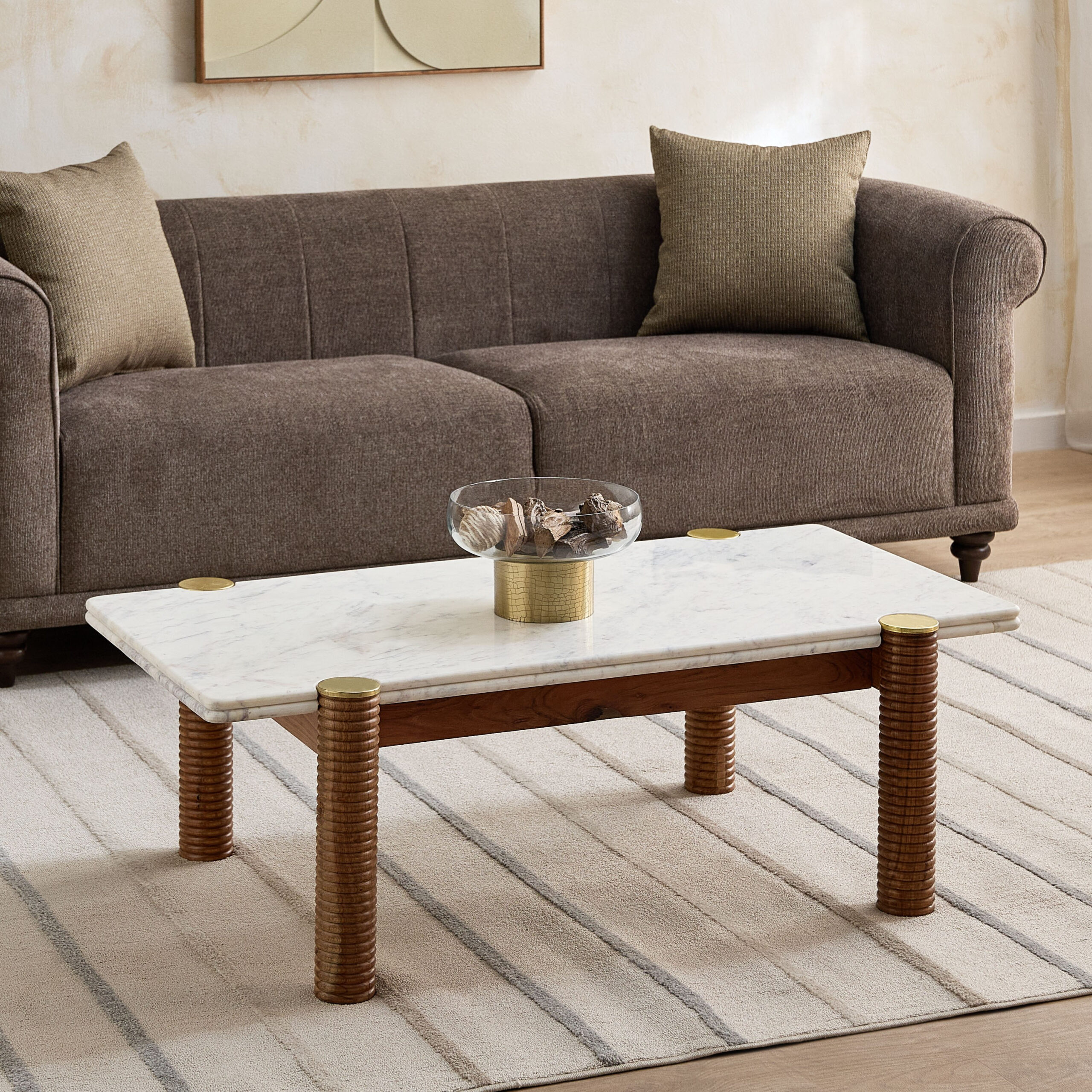 Cavon Caretto Genuine Marble Top Coffee Table with Solid Wood Base