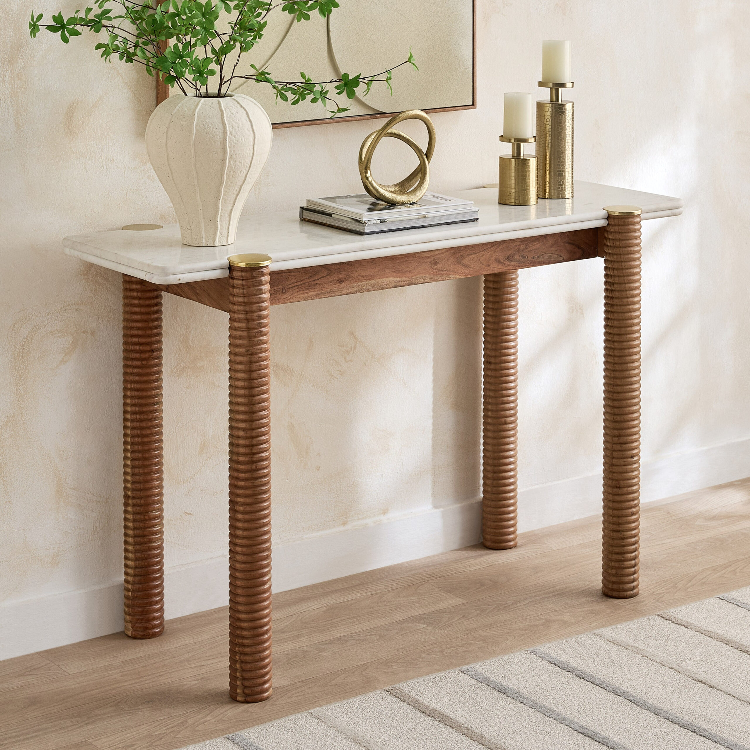 Cavon Caretto Genuine Marble Top Console Table with Solid Wood Base