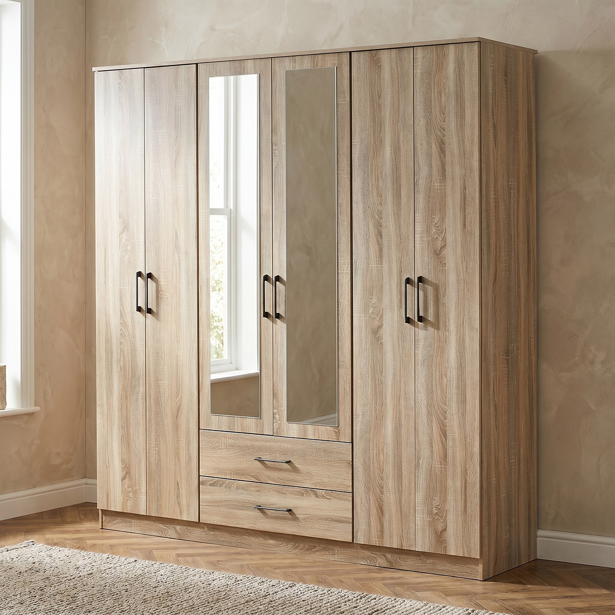 Movo Oasis Clover 6-Door Wardrobe with 2 Drawers and Mirrors