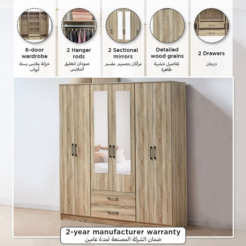 Movo Oasis Clover 6-Door Wardrobe with 2 Drawers and Mirrors - Image 2